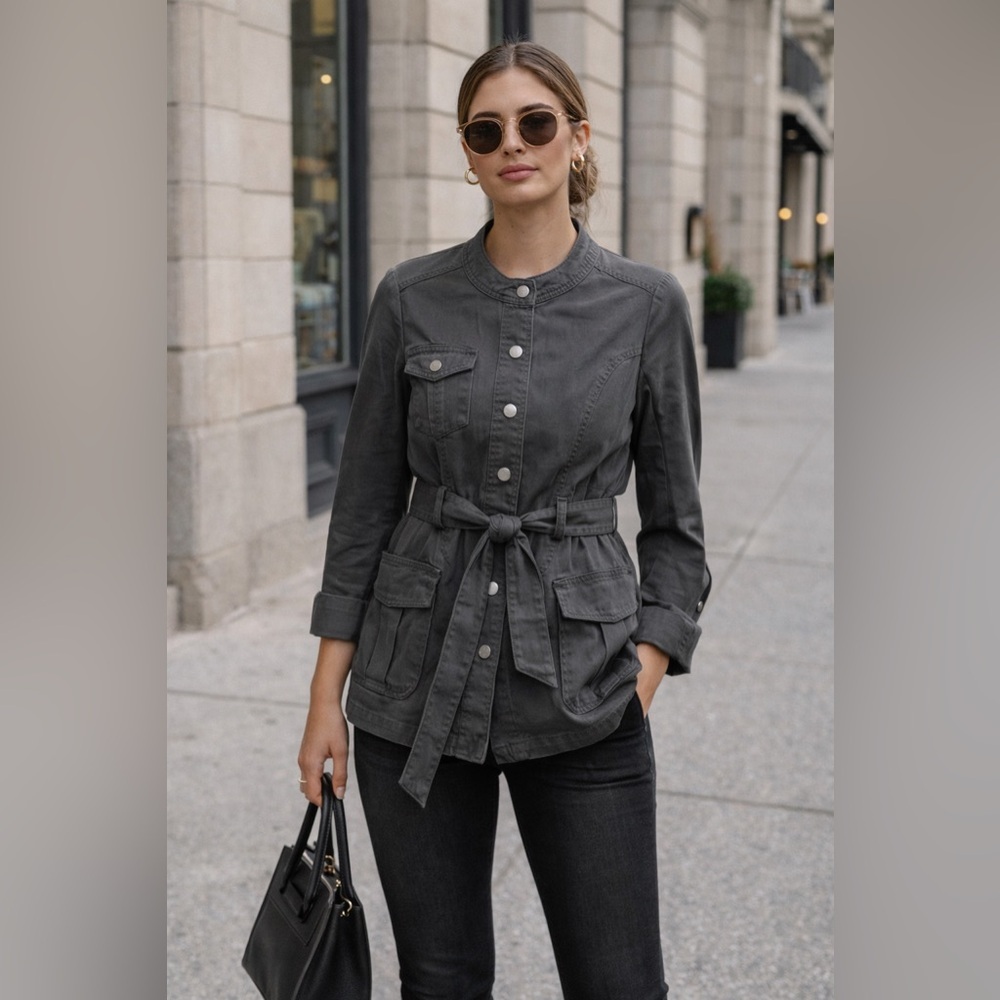 DKNY Utility Jacket Gray Belted Snap Front Cotton Blend Size Small